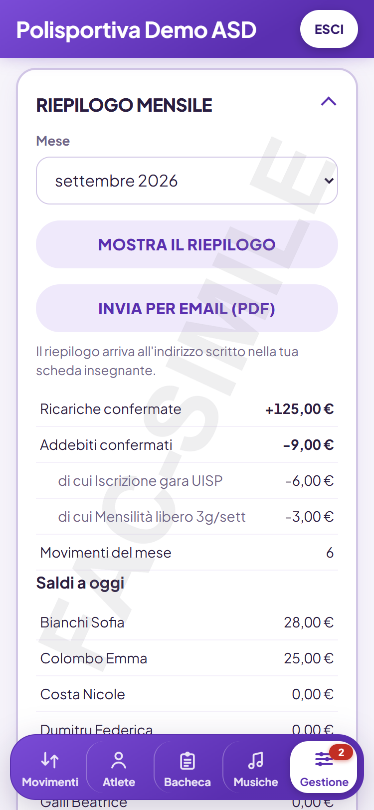 Riepilogo mensile automatico, lato società e lato famiglia
