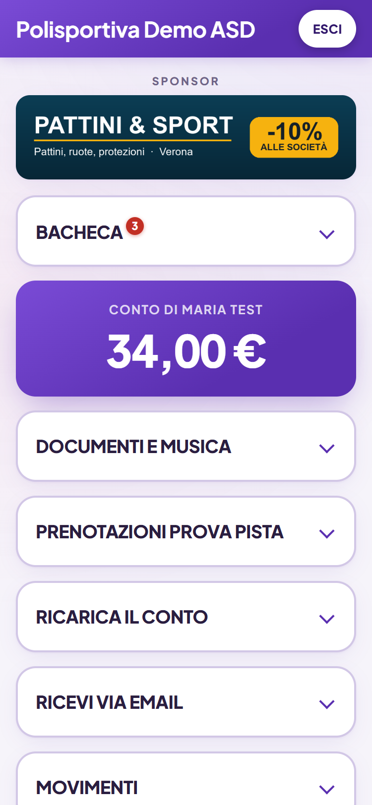 La pagina della famiglia in CodeGp: sponsor, bacheca della scuola, conto e le card che si aprono con un tocco