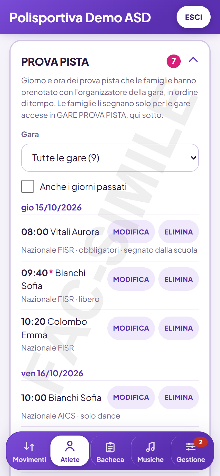 Tutti i prova pista in ordine di giorno e ora, anche in PDF da portare in pista