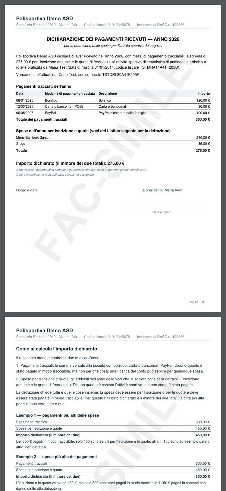 Il PDF da firmare, con l'importo già calcolato sui pagamenti tracciati